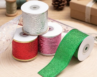 Christmas Wired Ribbon for Gift Wrapping, Gold Glitter Edge Fabric Trim for DIY Holiday Decor