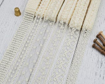 Ribete de encaje de algodón soluble en agua color beige, cinta de seda lechosa bordada para lazos y envoltura de regalos hechos a mano.