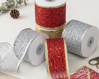Glitter Hollow Ribbon Trim for Christmas Bows, Metallic Sparkle Fabric for Gift Wrapping and Holiday Decor