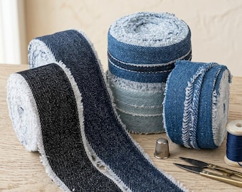 Cinta decorativa de mezclilla de 4 cm con borde deshilachado, cinta de tela estilo boho para arreglos de ropa y decoración de sombreros.