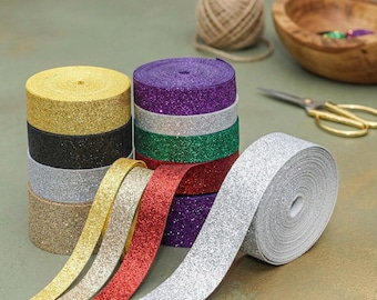 Cinta decorativa con lazo brillante, cinta de tela metálica con brillo para envolver regalos y manualidades navideñas.