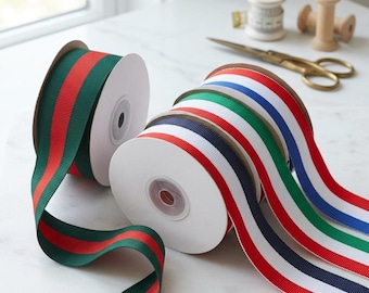 Cinta de grosgrain a rayas, cinta de tela tejida roja, verde y blanca para envolver regalos y manualidades.
