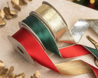Christmas Wired Ribbon Silver Edge Metallic Red Green Satin Trim for Gift Wrapping and Holiday Decor