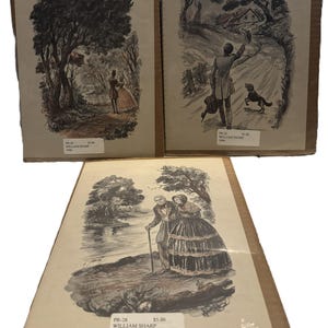 May include: Three vintage William Sharp prints from 1946, each depicting scenes of people in nature. The prints are in black and white with brown borders. One shows a couple walking, another a man with a dog, and the third a couple near a body of water.
