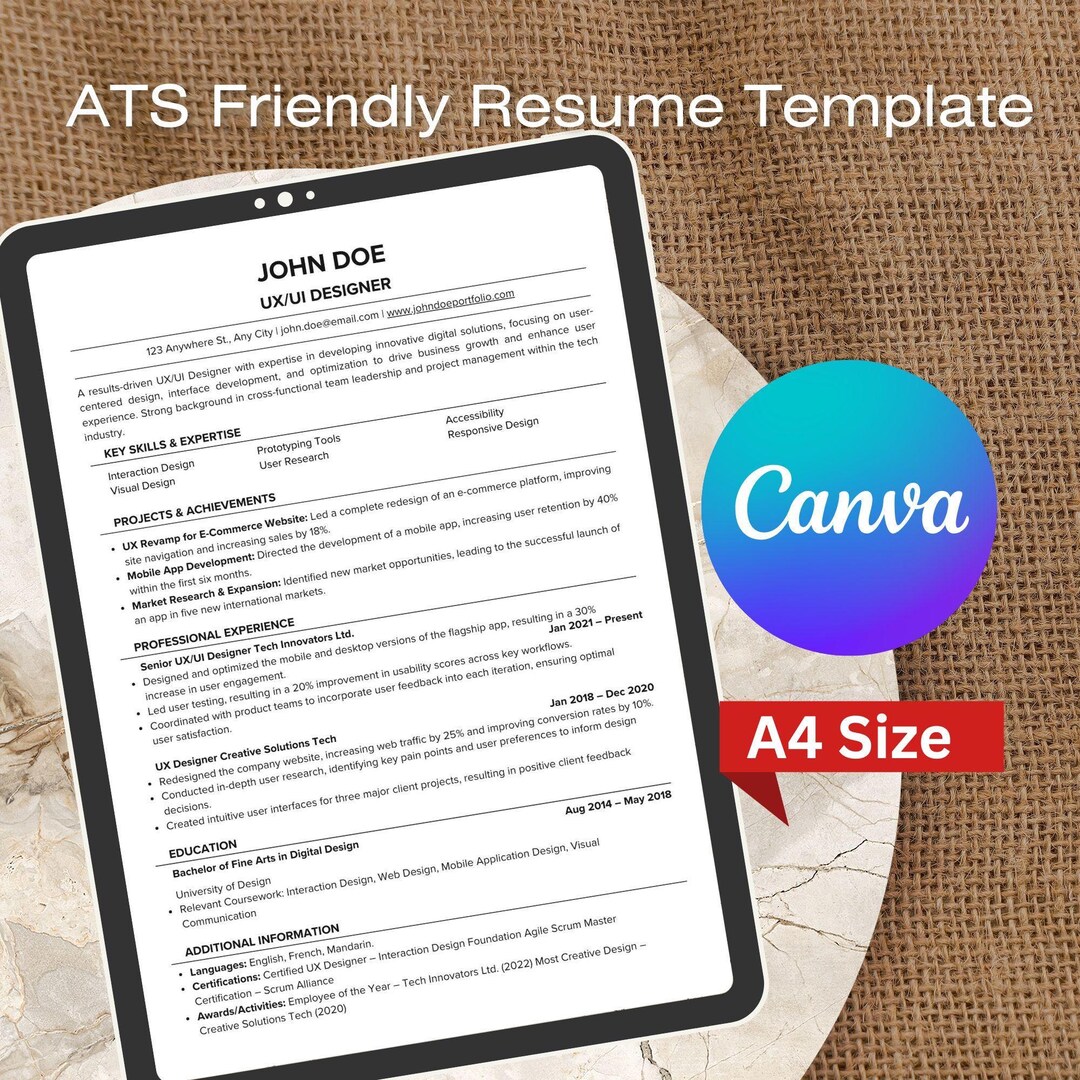 ATS Friendly Resume Template Canva Editable CV (instant Download) - Etsy