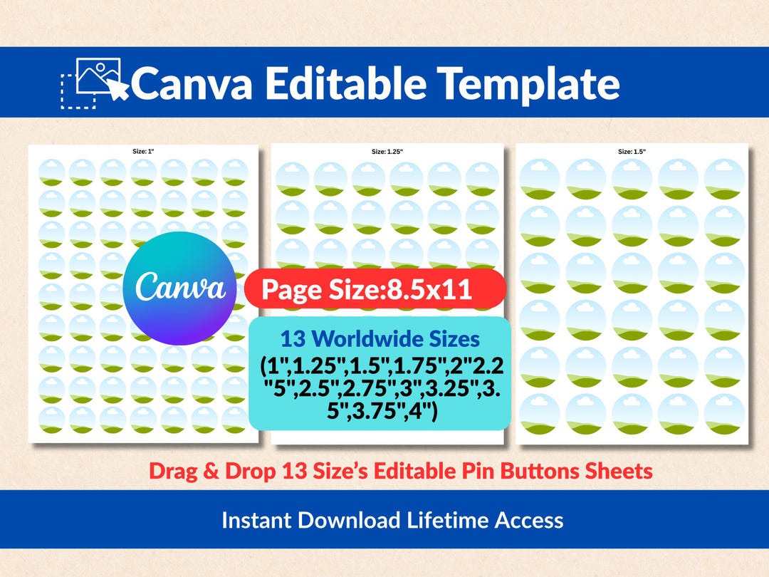 13 Button Pin Templates for Canva | Editable Circle Badge Sizes ...
