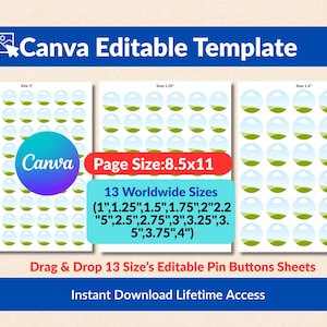 13 plantillas de pines para botones en Canva / Tamaños de insignias circulares editables (descarga digital)