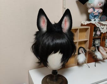 Conjunto de orejas y cola de pastor alemán negro, para cosplay, orejas peludas, cola esponjosa, piel sintética, personalizable.