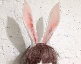 Diadema con orejas de conejo grandes, personalizable, para cosplay, orejas de conejo blancas y rosas esponjosas, piel sintética.