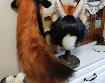 Conjunto de orejas y cola de zorro rojo, zorro rojo para cosplay, piel sintética, personalizable.