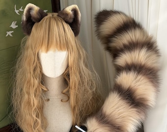 Kit de orejas y cola de mapache, personalizable, mapache para cosplay, diadema/horquillas con orejas de mapache marrón, cola de mapache peluda, piel sintética