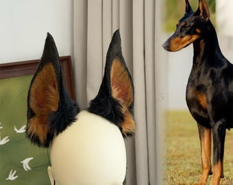Diadema con orejas de dóberman pinscher, para cosplay, color marrón, orejas de perro erguidas y peludas, piel sintética.