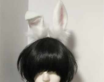 Diadema de orejas de conejo suaves, conejo de cosplay, orejas de conejo blancas y rosas esponjosas, piel sintética, personalizable.