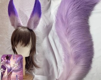 Kit de orejas y cola de zorro sexy, zorro para cosplay, cola de zorro morada esponjosa, diadema con orejas de zorro grandes, piel sintética, personalizable.