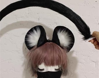 Kit de orejas y cola de ratón, personalizable, para cosplay, diadema con orejas grandes y esponjosas, cola de ratón peluda y piel sintética.