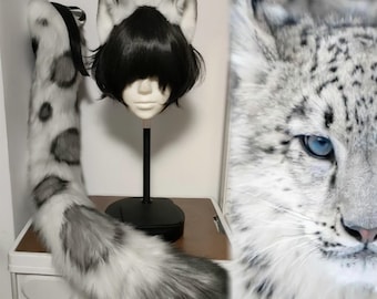 Conjunto de orejas y cola de leopardo de las nieves, cosplay de leopardo de las nieves, piel sintética, personalizable.