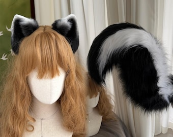 Kit de orejas y cola de mofeta, personalizable, para cosplay, diadema/horquillas con orejas de mofeta blancas y negras, cola de mofeta grande y peluda a rayas, piel sintética.