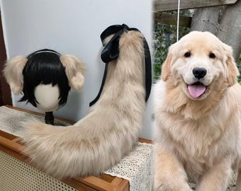 Conjunto de orejas y cola de perro golden retriever, cosplay de perro golden retriever, orejas de perro peludas y flexibles, cola de perro esponjosa, piel sintética, personalizable.