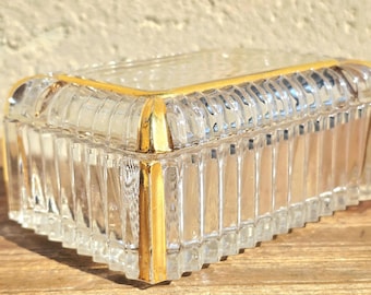 Vintage Pressed Glass Trinket Box, Gold Trim Geometric Jewelry Storage
