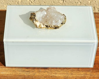 Vintage Frosted Glass Trinket Box, Quartz Crystal Cluster Lid, Geode Decor Vanity Storage