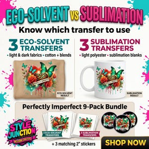 May include: An advertisement comparing eco-solvent and sublimation transfers. The image shows a tan fabric and a white mug, both with a butterfly and floral design. The text reads "Perfectly Imperfect" and "9-Pack Bundle".