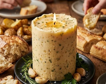 May include: A cylindrical candle shaped like a block of herb butter, featuring a textured surface with visible green herbs and garlic cloves. The candle sits on a black plate garnished with fresh rosemary and parsley, with a single lit wick.