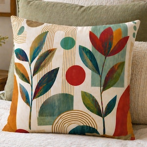 Mid Century Modern Throw Pillow Abstract Floral Boho Cushion Colorful Botanical Living Room Decor