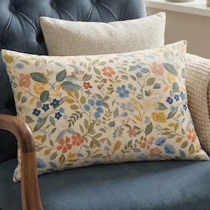 Floral Lumbar Pillow | Botanical Cottagecore Throw Cushion, Vintage Spring Garden Decor