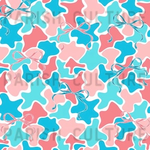 May include: A repeating pattern with abstract shapes in blue, pink, and coral, outlined in white. Scattered across the design are delicate ribbon bows in pink and blue. The text "PARISH CULTURE" is visible in the background.