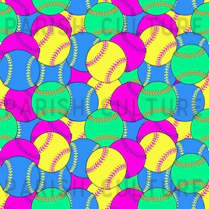 Könnte beinhalten: Ein lebendiges Muster aus Softbällen in verschiedenen Farben, darunter Gelb, Blau, Grün und Pink. Jeder Softball hat detaillierte Nähte und ist in einem sich wiederholenden Design angeordnet. Der Text "PARISH CULTURE" ist im Hintergrund sichtbar.