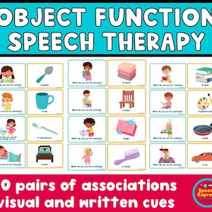 Op de afbeelding: Een kleurrijk educatief bord met de titel "Object Function Speech Therapy" met 30 paren associaties. Het bord bevat geïllustreerde kaarten met objecten zoals een lepel, een beker, een tandenborstel en een auto, samen met bijbehorende tekstprompts.