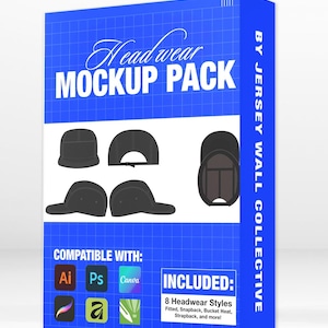 May include: A blue box displays a "Headwear Mockup Pack" with various black cap designs. The box includes the text "Compatible With" and logos for Ai, Ps, Canva, and other design software. The text "Included: 8 Headwear Styles" is also visible.