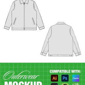 May include: A gray outerwear mockup design, featuring front and back views of a jacket with a collar, zipper, and pockets. The design is displayed with the text "Outerwear MOCKUP" and icons indicating compatibility with various design software.