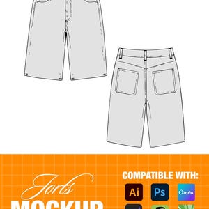 May include: A technical drawing of denim shorts, showcasing front and back views. The shorts have a button closure, pockets, and a classic design. The image also includes the text "Jorts Mockup" and icons indicating compatibility with design software.