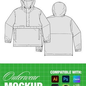 May include: A gray outerwear mockup with a hood and a large front pocket. The design includes front and back views of the jacket. The text "Outerwear MOCKUP" is displayed on a green background, along with icons indicating compatibility with various design software.