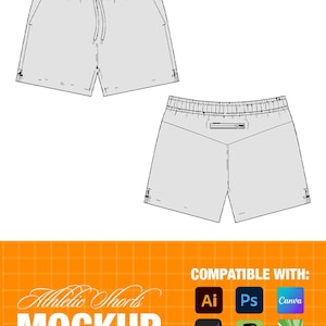 May include: A digital mockup of athletic shorts in a light gray color. The shorts have a drawstring waistband, pockets, and a back zipper pocket. The image includes the text "Athletic Shorts MOCKUP" and icons indicating compatibility with design software.