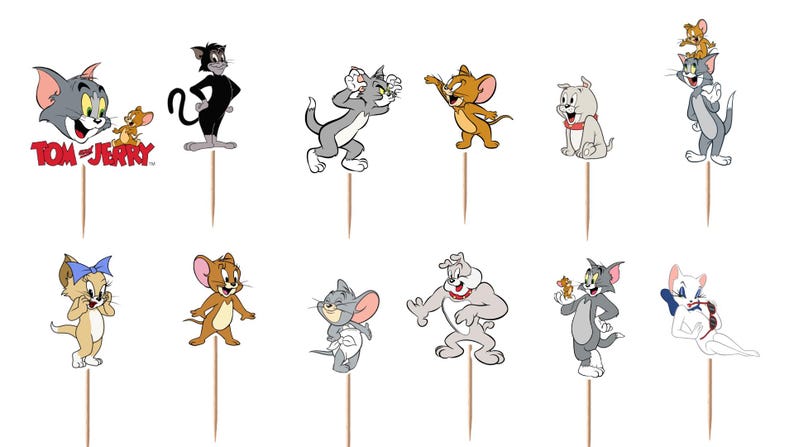 Peut inclure: Un ensemble de douze d&eacute;corations pour cupcakes repr&eacute;sentant divers personnages de Tom et Jerry, dont Tom, Jerry, Spike et Toodles Galore, chacun fix&eacute; sur un fin pic en bois. La collection inclut le logo Tom et Jerry en texte rouge.