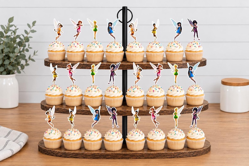 May include: A three-tiered dark wood cupcake stand holding twenty-four cupcakes, each topped with a colorful fairy-shaped paper topper. The cupcakes feature white frosting with multi-colored sprinkles and are arranged in rows on the wooden tiers.