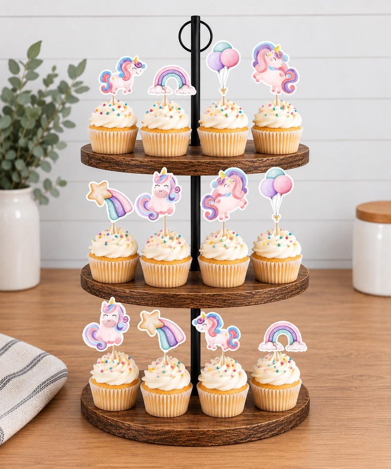 May include: A three-tiered wooden cupcake stand holding twelve cupcakes topped with white frosting and colourful sprinkles. Each cupcake features a decorative paper topper depicting unicorns, rainbows, shooting stars, or clusters of balloons.
