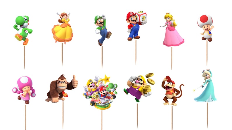 Pu&ograve; includere: Un set di dodici decorazioni per cupcake raffiguranti vari personaggi di Super Mario, tra cui Yoshi, la principessa Daisy, Luigi, Mario con un blocco numero tre, la principessa Peach, Toad, Toadette, Donkey Kong, Wario, Diddy Kong e Rosalina.