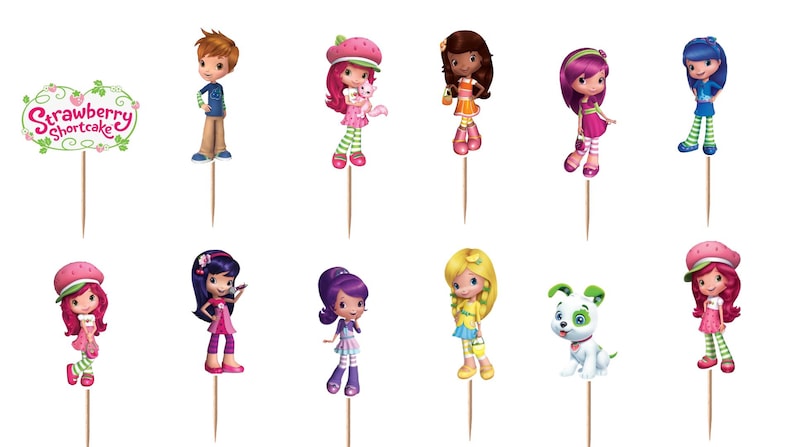 May include: A set of twelve Strawberry Shortcake themed cupcake toppers featuring various animated characters and a logo sign. Each character is printed on cardstock and attached to a wooden toothpick, showcasing vibrant colors and distinct outfits.