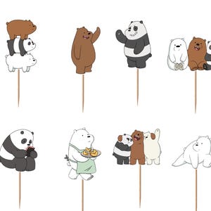 May include: A set of twelve decorative cupcake toppers featuring cartoon bear characters in various poses, including stacked bears, a bear wearing an apron, and bears eating, each attached to a thin wooden pick for insertion into food items.