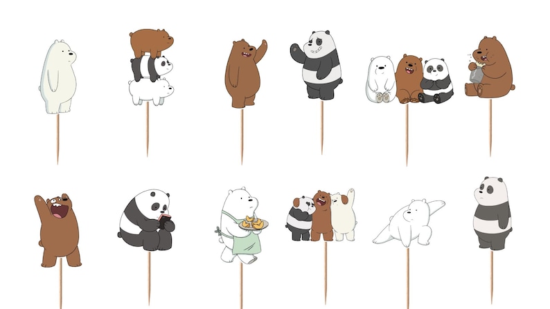 May include: A set of twelve decorative cupcake toppers featuring cartoon bear characters in various poses, including stacked bears, a bear wearing an apron, and bears eating, each attached to a thin wooden pick for insertion into food items.