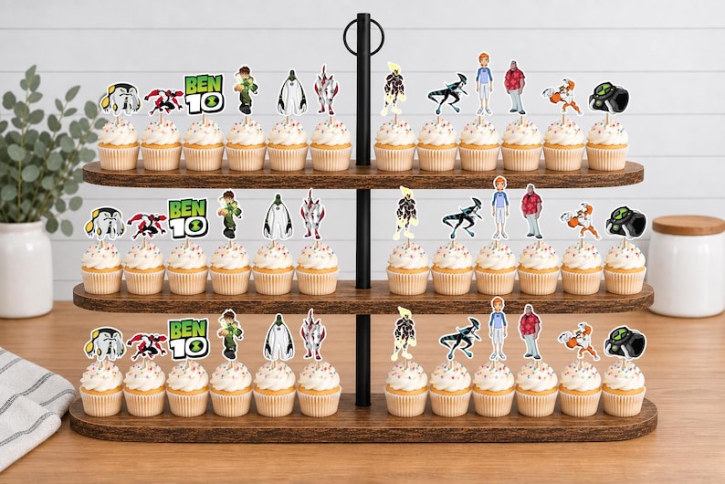 May include: A three-tiered wooden stand holding numerous cupcakes, each topped with a decorative paper cutout featuring various Ben 10 characters, the Ben 10 logo, and the Omnitrix symbol. The cupcakes are arranged in rows across the three oval shelves.