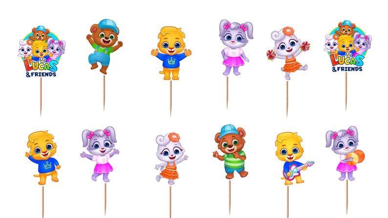 May include: A set of twelve decorative cupcake toppers featuring cartoon characters from Lucas & Friends. The collection includes individual figures of bears, rabbits, and lions, along with two circular logos with the text Lucas & Friends.