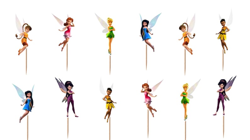May include: A set of twelve decorative cupcake toppers featuring various fairy characters with translucent wings, each attached to a thin wooden pick. The fairies are depicted in diverse poses and colorful outfits, including shades of green, blue, pink, and purple.