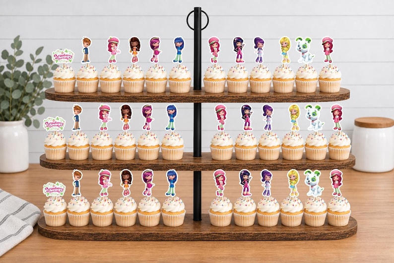 May include: A three-tiered wooden cupcake stand holding numerous cupcakes topped with Strawberry Shortcake character paper toppers. Each cupcake features a decorative cutout of a character or a sign with the text Strawberry Shortcake.
