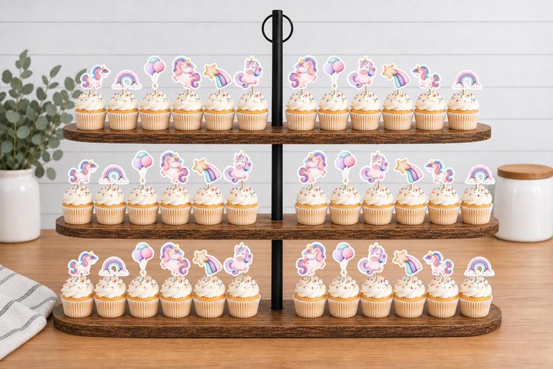 May include: A three-tiered wooden cupcake stand holding numerous cupcakes topped with decorative paper toppers featuring pastel-coloured illustrations of unicorns, rainbows, stars, and balloons. The stand has a black metal central handle.