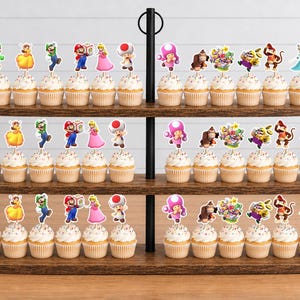 Pu&ograve; includere: Un'alzata per cupcake in legno a tre livelli che ospita file di cupcake sormontati da sagome di carta colorate di vari personaggi dei videogiochi, tra cui Mario, Luigi, la Principessa Peach, Toad, Yoshi e Donkey Kong.