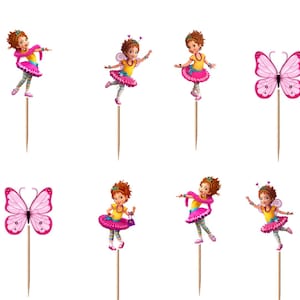 May include: A set of twelve decorative cupcake toppers featuring illustrations of the character Fancy Nancy in various poses, pink butterflies, and signs with the text Fancy Nancy, all attached to thin wooden sticks for placement in food items.